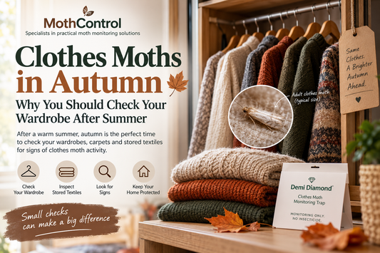 Autumn wardrobe with wool clothing, folded knitwear and a clothes moth monitoring trap, illustrating how to check for clothes moth activity after summer.
