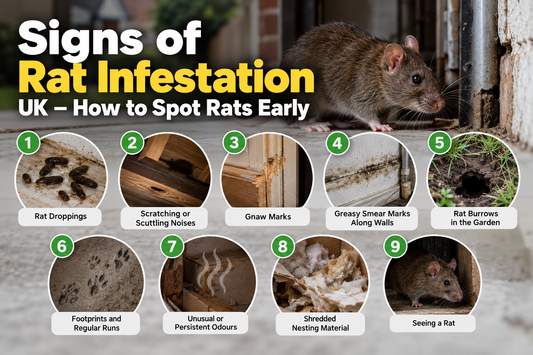 Signs of rat infestation in UK homes showing rat droppings, gnaw marks, smear marks, burrows, footprints, nesting material and rat activity.
