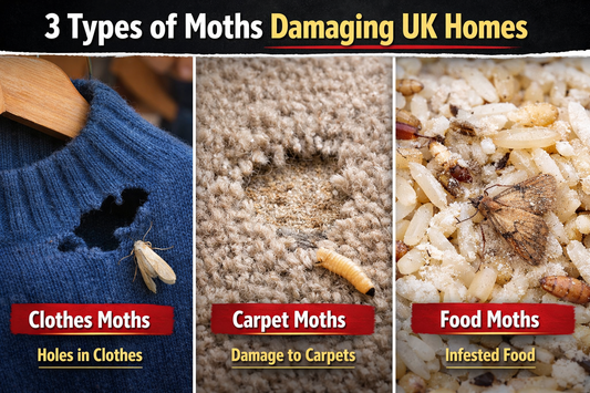 Clothes moth damage on fabric, carpet moth larvae damage on carpet, and food moth infestation in grains UK guide