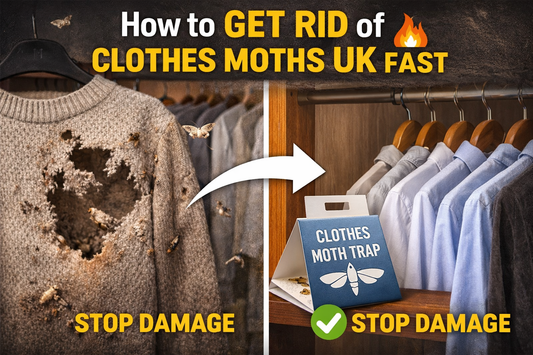 How to get rid of clothes moths UK fast showing damaged clothes larvae and moth trap solution in wardrobe