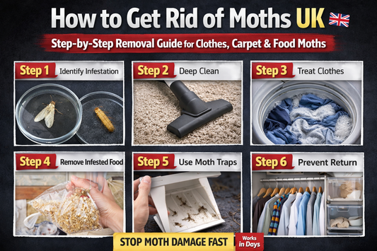 How to get rid of moths UK step by step removal guide showing clothes moths carpet moths and food moth infestation cleaning and prevention