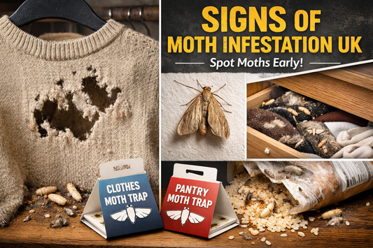 Signs of moth infestation UK showing damaged clothes, larvae, adult moths and pantry food contamination in home