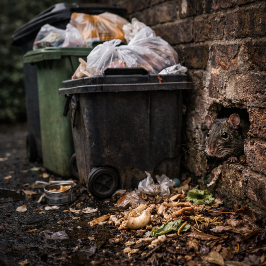 what attracts rats to your home UK food waste bins overflowing rubbish rat near entry hole garden infestation causes pest control UK