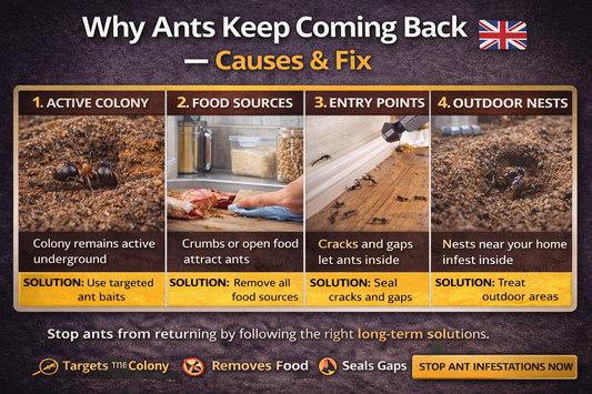 Why ants keep coming back UK showing causes like food sources entry points and active nests with solutions