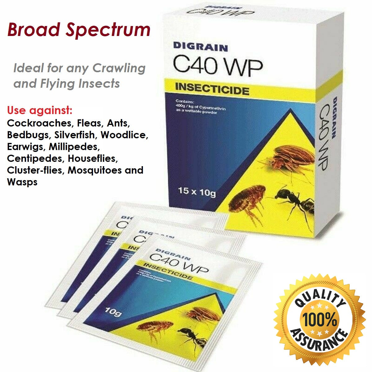 DIGRAIN C40 WP INSECTICIDE FOR WASPS, FLEAS, ANTS, BEDBUGS, COCKROACHES - All Insect Killer (15 x 10G) - Moth Control