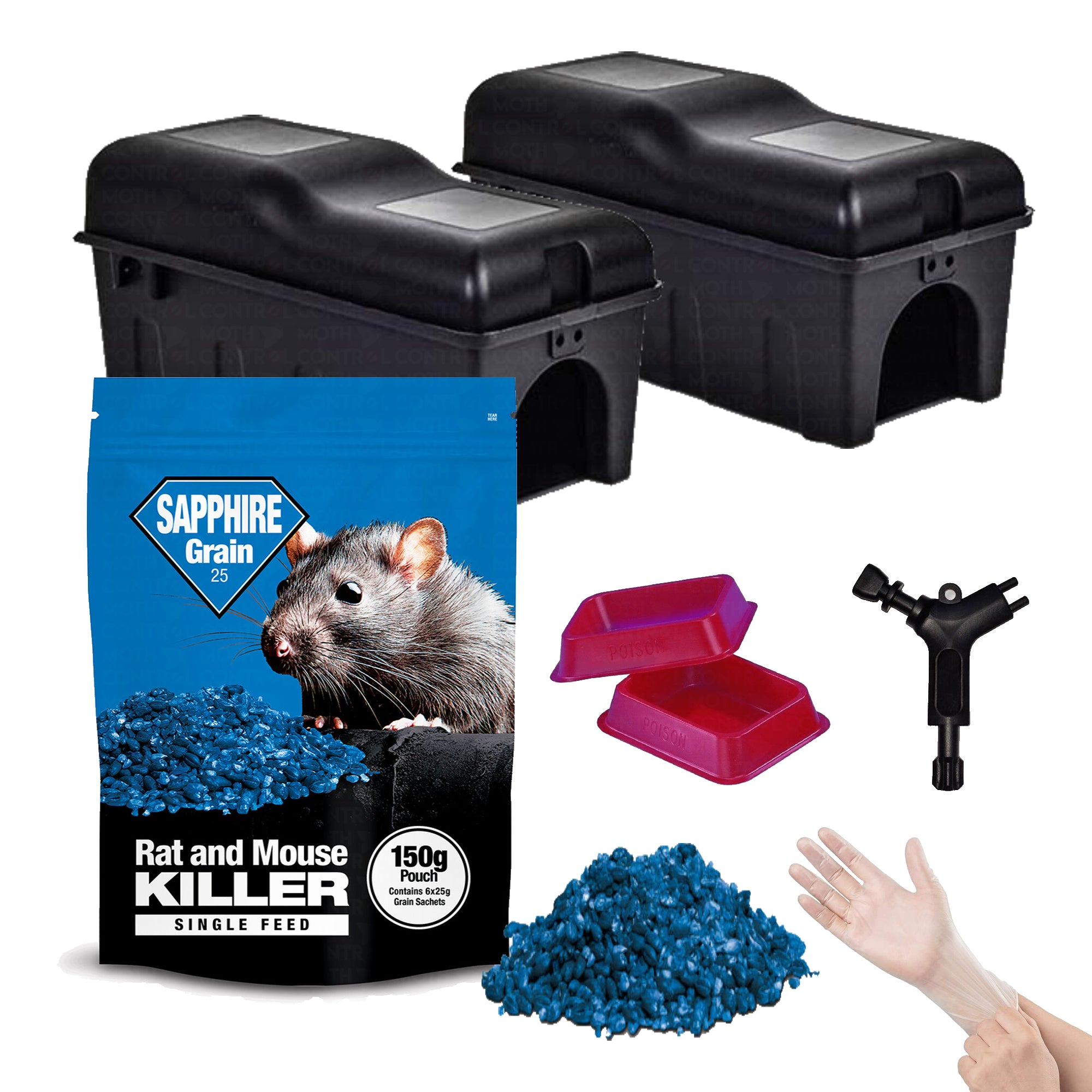 Rat Discreet Bait Station Box & Strong Single Feed Rodent POISON Grain Rats Mouse Mice BRODIFACOUM AT 0.0025% - THE MAXIMUM LEGAL STRENGTH (2 Solo Boxes + 150g Blue Grains) - Moth Control