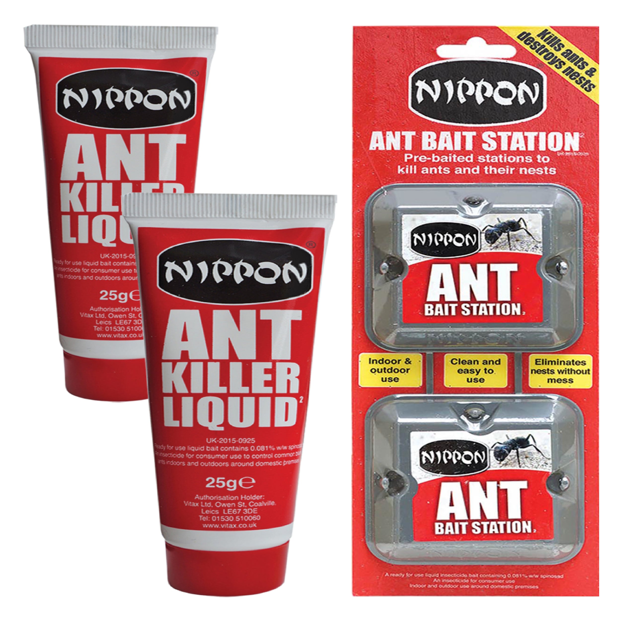 Nippon Ant Killer Kit for Home & Garden Lawns Black Ant Stop Control Ants Nest in Lawn (2 x Liquid Gel 25g with 2 x Ant Bait Stations) - Moth Control