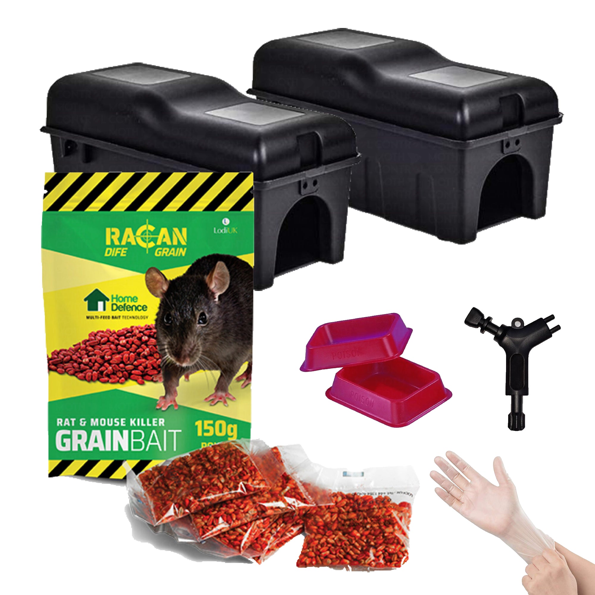 Rat Killer Poison Bait Racan Dife Grain 150g & 2 Professional Rat Discreet Bait Station Boxes (2 Bait trays free) - Moth Control