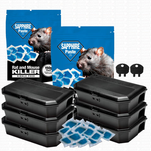 Black Tamper - Proof 6 Mouse Bait Boxes & 300g Pasta Sachet Mice Poison Killer Kit | Safe Control Around Children & Pets - Moth Control